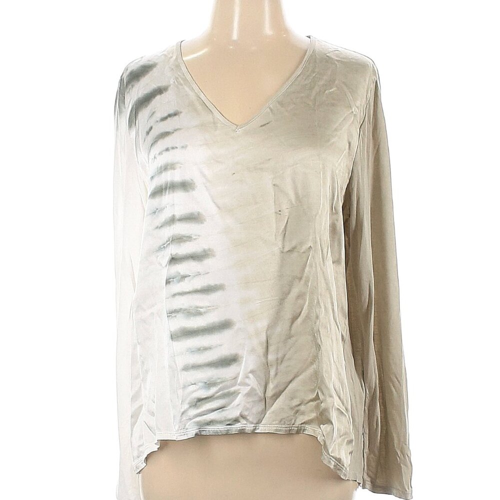 XCVI Long sleeve white and gray v neck blouse tie dye with sophistication L